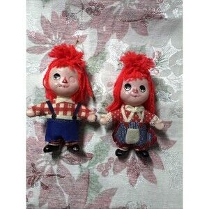 Vtg Raggedy Ann & Andy Style Set Of 2 Rag Doll Ornaments Japan Plastic Yarn Doll